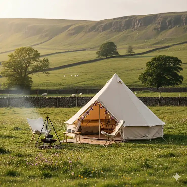 A luxury cream canvas bell tent pitched in a lush green British meadow at sunset with rolling hills in the background. bell tent uk
