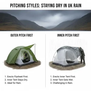 A side-by-side illustration showing how outer-pitch-first tents keep the inner tent dry during heavy UK rain compared to inner-pitch-first models.