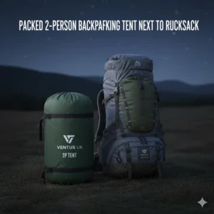 A 2 person backpacking tent packed into its compression sack next to a 65-litre rucksack for scale.