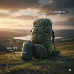 A packed backpacking tent in its compression sack placed next to a 65-litre rucksack to show relative scale and portability for hiking.