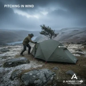 A hiker pitching a sturdy 4-season tent in the Lake District fells, demonstrating its wind-resistant aerodynamic shape.