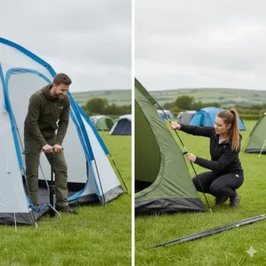 Illustration showing a person using a manual pump on an air beam tent next to someone threading flexible poles through a tent sleeve.