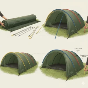 Illustration of the easy pitching process using colour-coded poles for a modern tunnel tent.