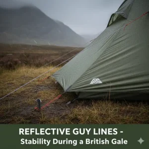 Tensioned reflective guy lines attached to a tent, providing essential stability and visibility during a typical British gale.