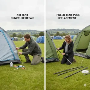 Illustrated guide to patching a puncture in an air tent beam compared to replacing a broken fibreglass pole section.