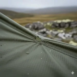 Close-up of high-tenacity ripstop nylon fabric used in ultralight tent construction for tear resistance.