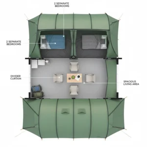 Top-down illustration of a spacious 5-person tent interior showing separate bedrooms and a central living area for family privacy and comfort.