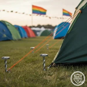 Heavy-duty metal tent pegs and guy lines securing a pop up tent into a grassy British camping pitch.
