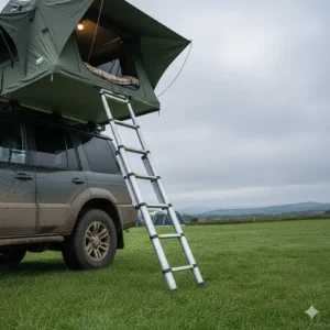 Alt text for image 7 A sturdy aluminium telescopic ladder extended from a roof top tent to the ground on a grassy pitch.