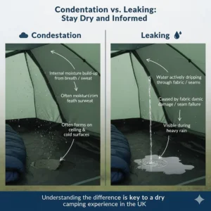 Infographic explaining the visual differences between internal condensation and a leaking tent flysheet.