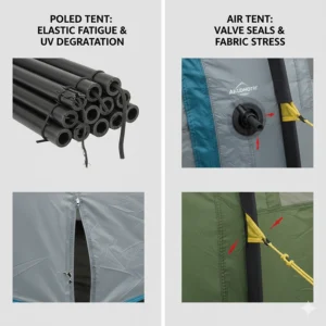 Illustration highlighting the wear points of poled tents such as elastic fatigue and air tents including valve seals and beam pressure.