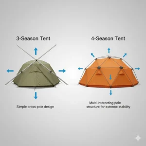 A technical drawing showing the simple cross-pole design of a summer tent versus the multi-intersecting pole structure of a mountain tent.