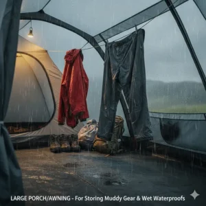 A large tent porch area used for storing muddy hiking boots and wet waterproof clothing away from the main sleeping compartment.