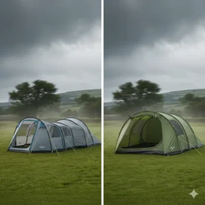 Diagram showing an air tent bending and bouncing back in the wind versus a poled tent maintaining structure but risking pole snap.