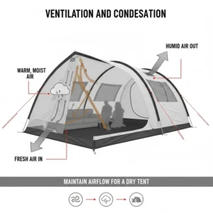 A diagram showing airflow through high and low-level vents in a polyester tent to reduce condensation during overnight use.
