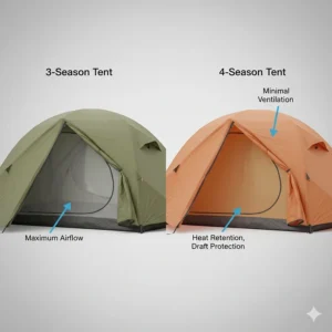 An illustration comparing a 3-season tent with mesh panels for maximum airflow and a 4-season tent with solid fabric to retain heat.
