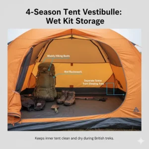 An illustration of a large 4-season tent vestibule used for storing wet rucksacks and muddy hiking boots away from the sleeping area.
