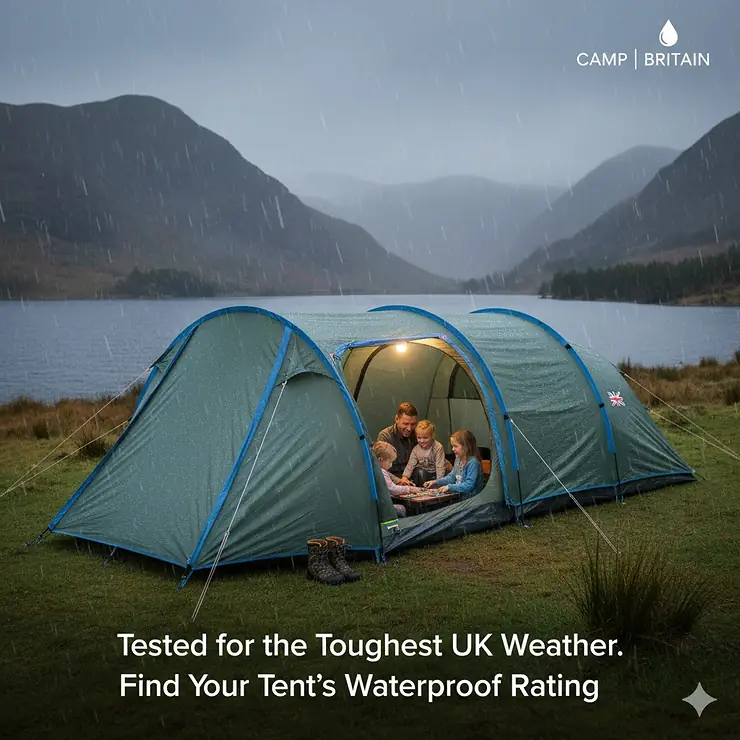 A family tunnel tent pitched in the rainy British countryside, demonstrating high hydrostatic head performance. tent waterproof rating guide