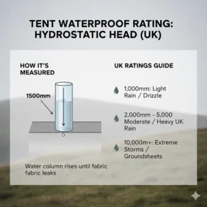 An educational diagram explaining hydrostatic head ratings and water column pressure for choosing a waterproof tent in British weather.