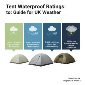 A scale showing tent waterproof ratings from 1,000mm for summer use to 5,000mm for extreme British weather.