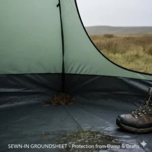 A close-up interior view of a tent with a sewn-in groundsheet, designed to block dampness and cold drafts from the wet ground.