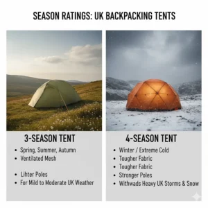 A comparison chart showing the differences between a 3-season tent for summer meadows and a 4-season tent for snowy winter landscapes in the UK.