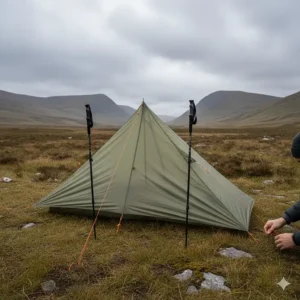 A pyramid-style ultralight tent pitched using two adjustable trekking poles to save weight.