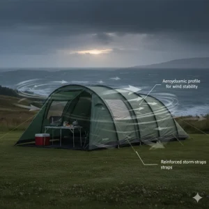 Illustration showing the aerodynamic profile of a tunnel tent designed to withstand wind on the British coast.