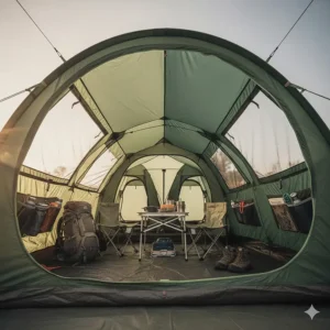 Interior view of a tunnel tent showing generous standing headroom and storage pockets for camping gear.
