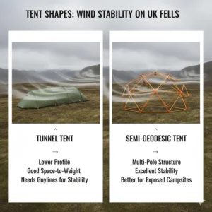 A comparison showing the wind resistance and stability of tunnel tents versus semi-geodesic tents on exposed UK fells.