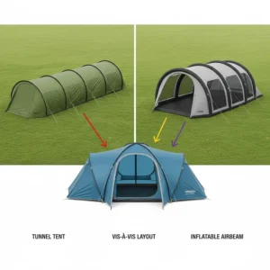 A diagram comparing common UK tent shapes including tunnel tents, vis-à-vis layouts, and inflatable airbeam structures.