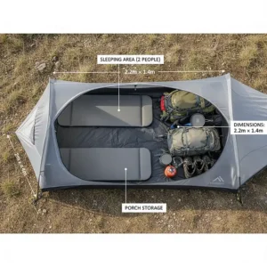 A top-down diagram of a two-person backpacking tent showing internal sleeping area dimensions and porch storage space.