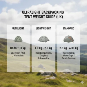 An infographic guide displaying weight categories for ultralight, lightweight, and standard backpacking tents in kilograms.