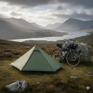 A solo ultralight tent pitched next to a gravel bike at a remote wild camping spot in the Scottish Highlands.