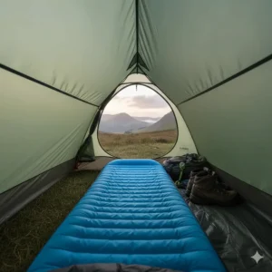 Interior view of a one-person ultralight tent showing enough room for a full-length sleeping mat and hiking boots.