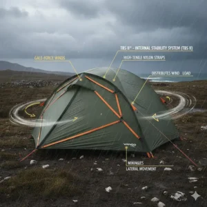 Technical diagram of the Vango Tension Band System (TBS II) showing how it provides stability during British gale-force winds.