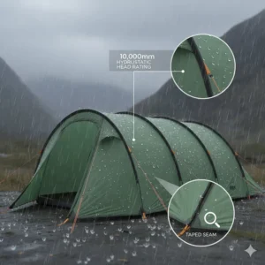 A technical diagram showing the high hydrostatic head rating and taped seams of a 5-man tent designed to withstand heavy British rain and wet weather.