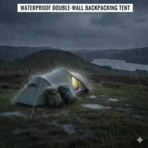 Illustration of a double-skin 2 person backpacking tent with a high hydrostatic head rating during a rain shower.