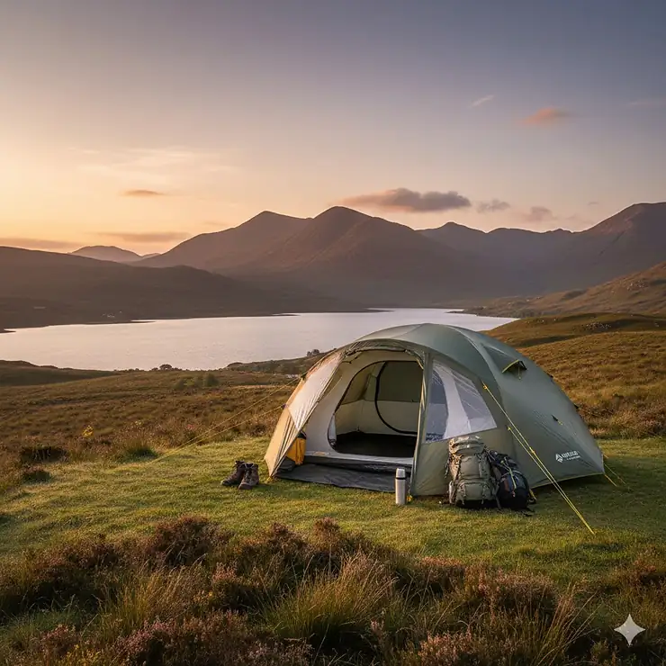 A large waterproof family dome tent pitched in a green field with the Lake District mountains in the background. dome tent