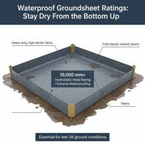 Illustration of a high-rated bathtub groundsheet designed for wet UK ground conditions.