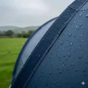 Close-up of rain beading on a high-hydrostatic head fabric of an inflatable tent during a British summer shower.