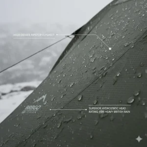 Detailed view of a high-denier ripstop flysheet on a 4-season tent, showing superior hydrostatic head rating for heavy British rain.