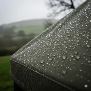 Alt text for image 4 Close-up of rain beading on the waterproof canvas of a roof top tent during a typical British drizzle.