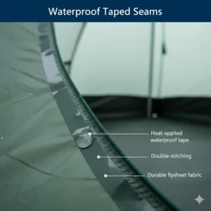 Close-up detail of heat-taped seams on the inside of a tent flysheet to prevent water ingress.
