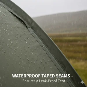 A detailed close-up of a tent flysheet with heat-taped seams, ensuring the fabric remains leak-proof during a British downpour.