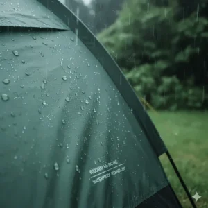 Close-up of rain beads on a tunnel tent flysheet with a high hydrostatic head rating for UK weather.