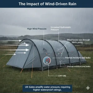 Diagram showing how wind-driven rain increases water pressure on tent fabric during a UK gale.