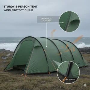 Illustration of a tunnel-style 5-man tent with reinforced guylines and sturdy poles to withstand windy UK coastal conditions and moorland gusts.