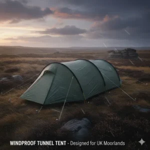 A green tunnel tent pitched on an open moorland, showing an aerodynamic design built to withstand high winds in the UK.