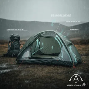 Illustration showing the ventilation ports on a 1 person tent designed to reduce condensation during damp nights in the UK.